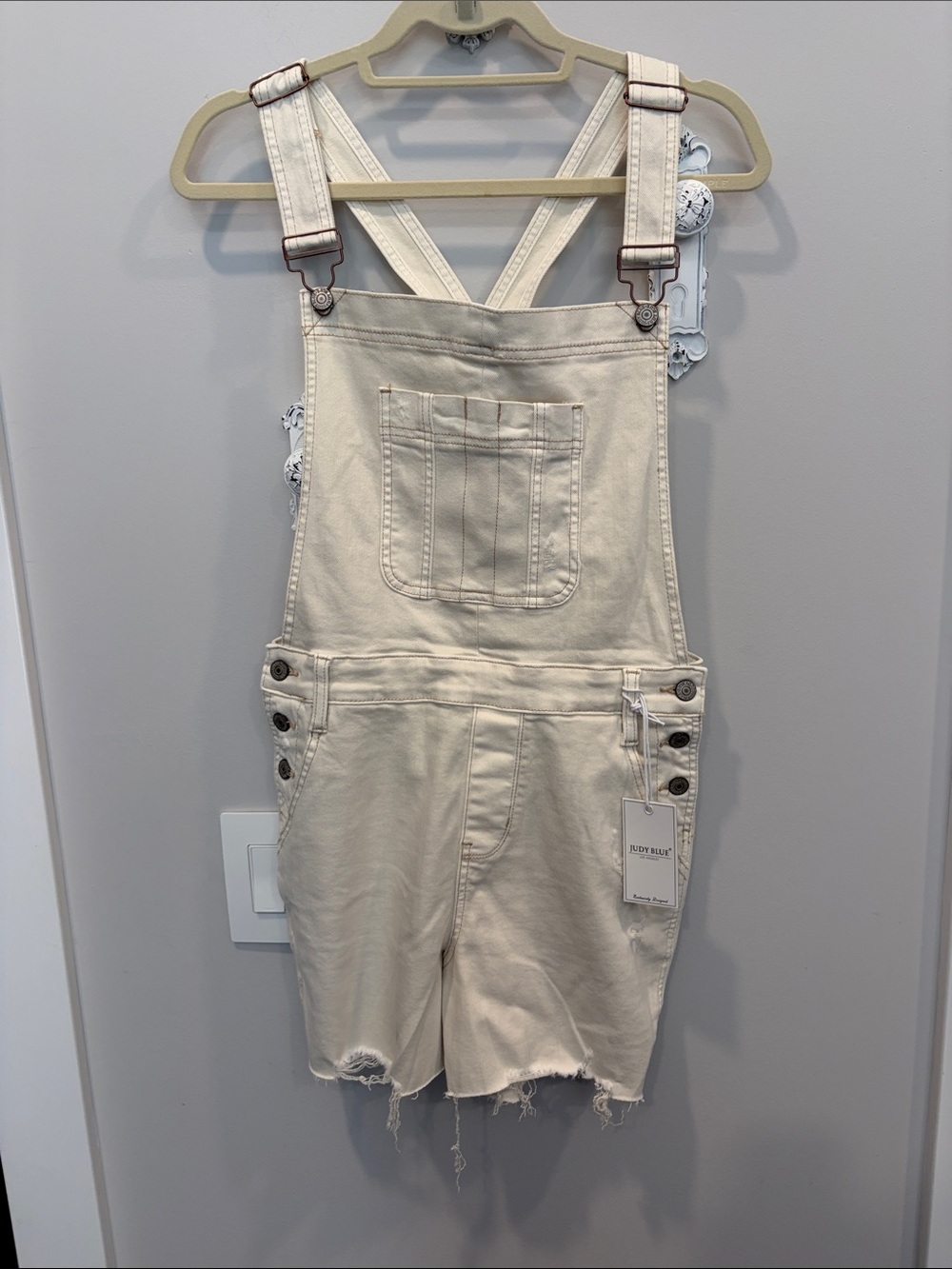 Judy Blue Cream Short Overalls with Front Pocket & Frayed Hem